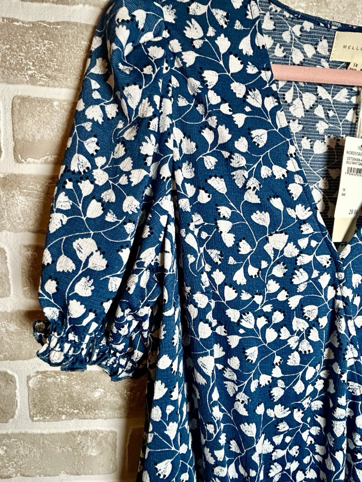 Melloday Blue White Floral V-Neck Smocked 3/4 Sleeve Blouse Plus 1X