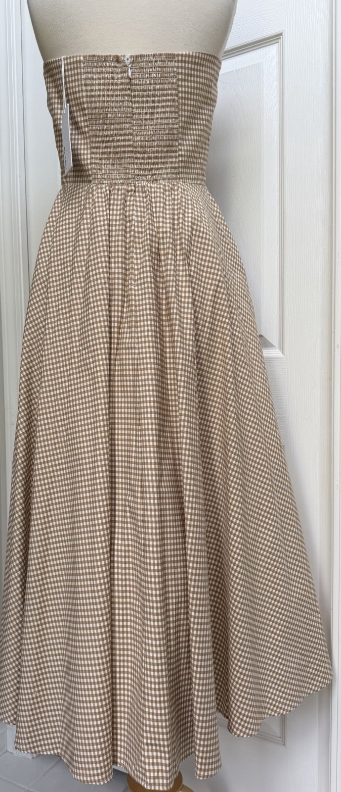 $278 NWT Reformation SZ 10 Strapless Astoria Dress Camel Ivory Anzo Check Tulle