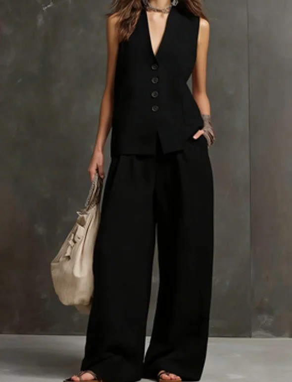 Women Solid Buttons Vest + Pocket Wide-leg Pants Suit Women Casual Two Piece Set