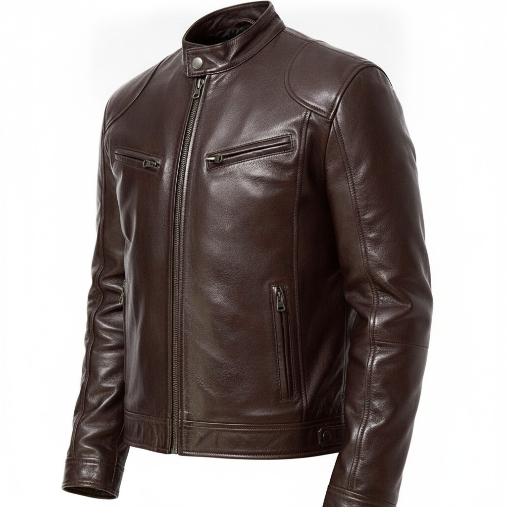 Men’s Brown Sheepskin Leather Jacket Cafe Racer Biker Real Soft Motorcycle Coat