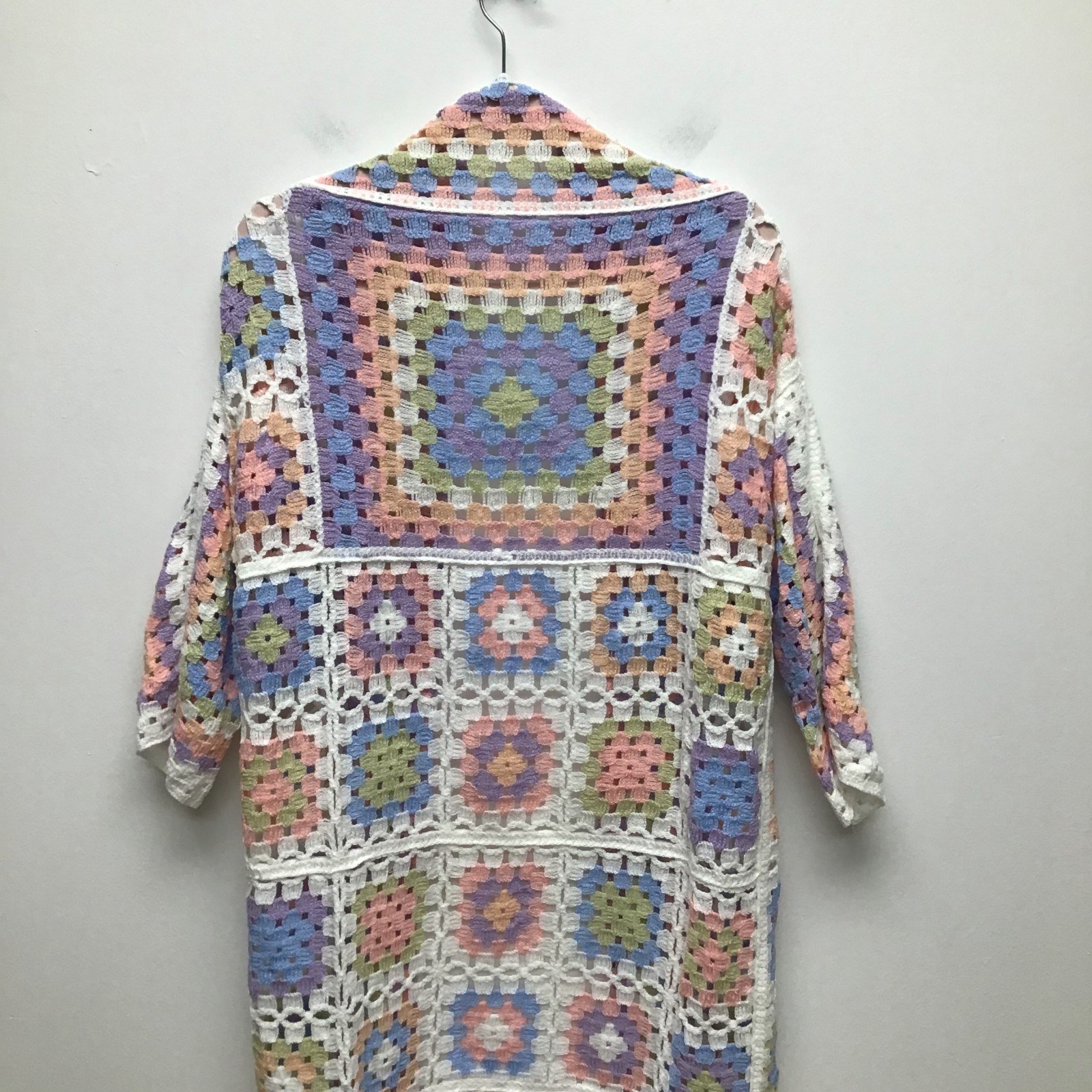 POL Pastel Crochet Cardigan Womens Granny Square Open Front Boho One Size NWOT