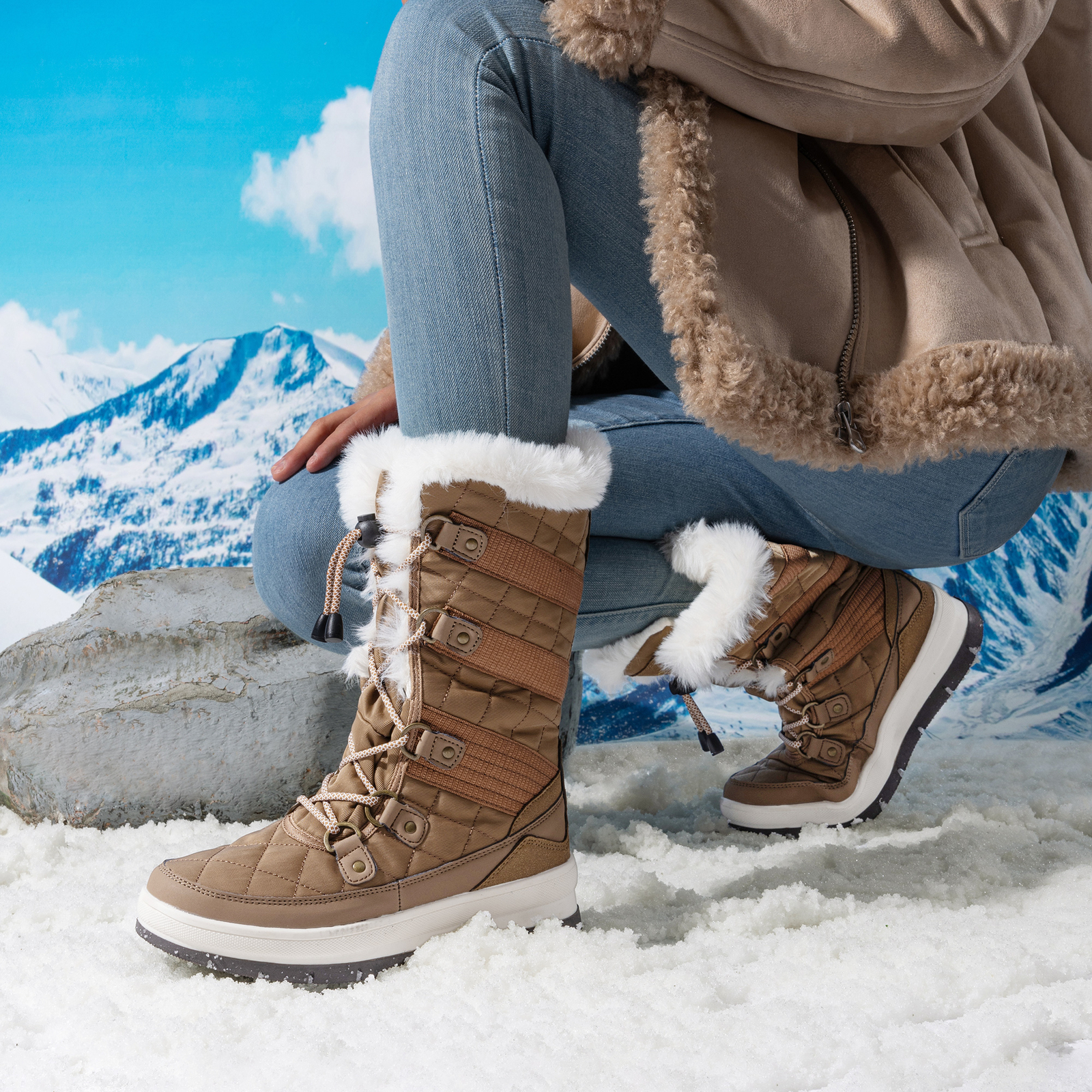 Women Snow Boots Classic Fur Lined Lace up Mid Calf Outdoor Indoor Ski Boots