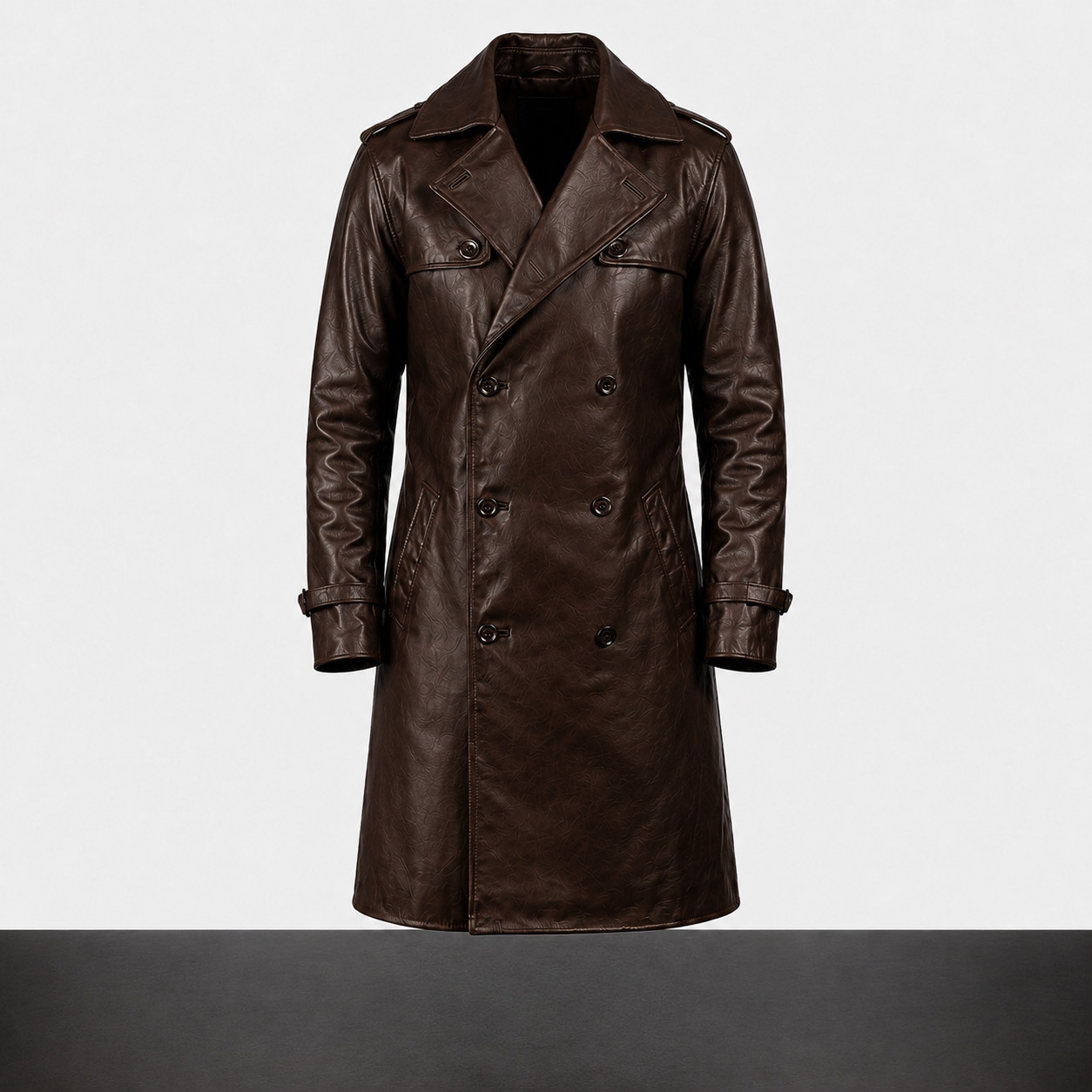 Mens Brown Leather Trench Coat – Long Jacket Double Breasted Winter Classic Coat