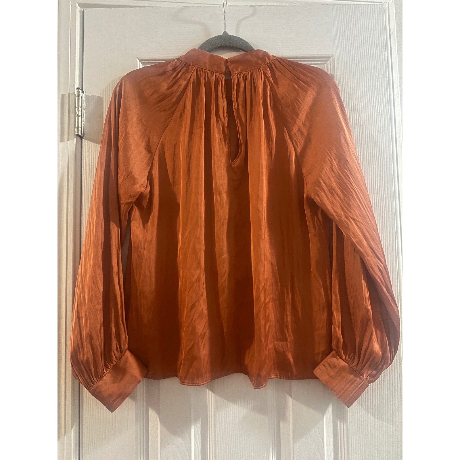 Lush Clay Orange Satin Mock Neck Blouse Long Sleeve Pleated Top Medium Fall