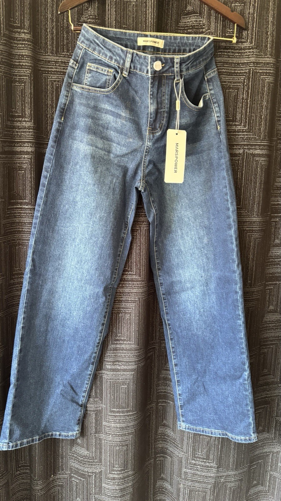 MARSPOWER Women’s Blue Medium Wash Wide-Leg High Rise Denim Jeans, 5-Pocket