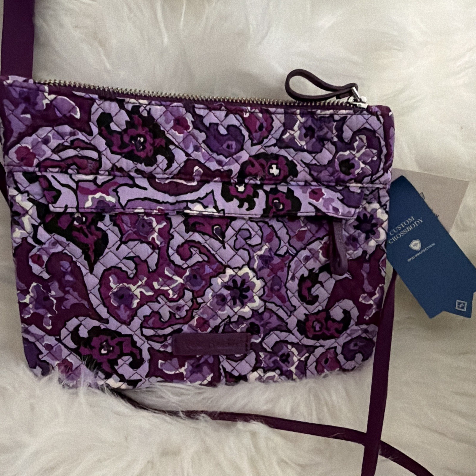 Vera Bradley RFID Floral Purple Zip Crossbody Bag, Detachable Strap