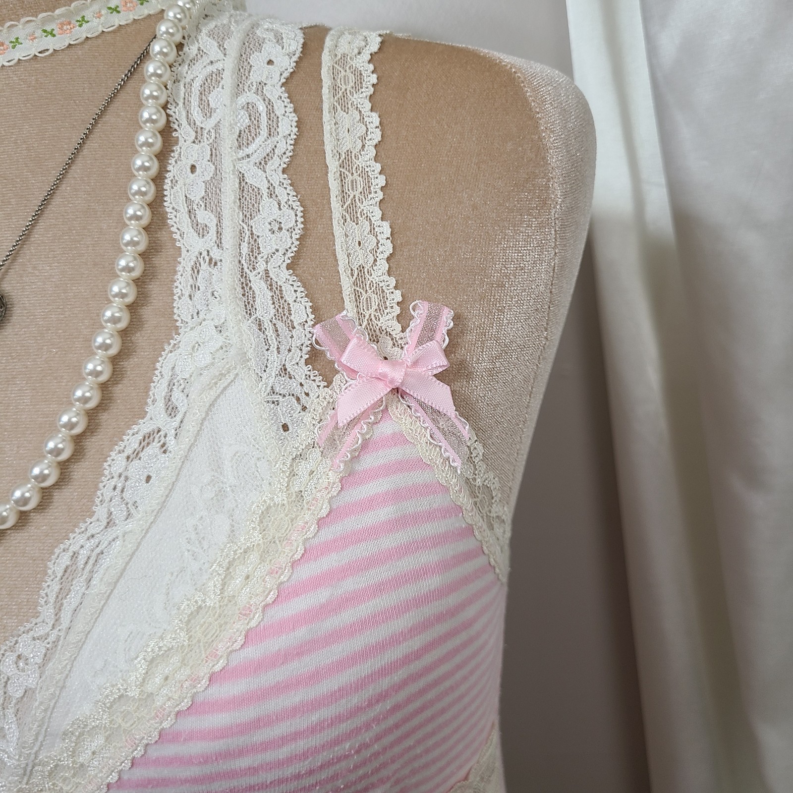 ♡ Y2K ♡ Rare Hollister Baby Pink Striped Lace Babydoll Cami Summer Tank Top