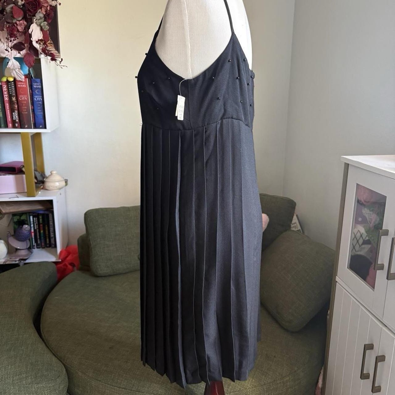 Vintage Black Beaded Mini Dress Pleated Slip Babydoll, 90s, fairy, grunge, goth