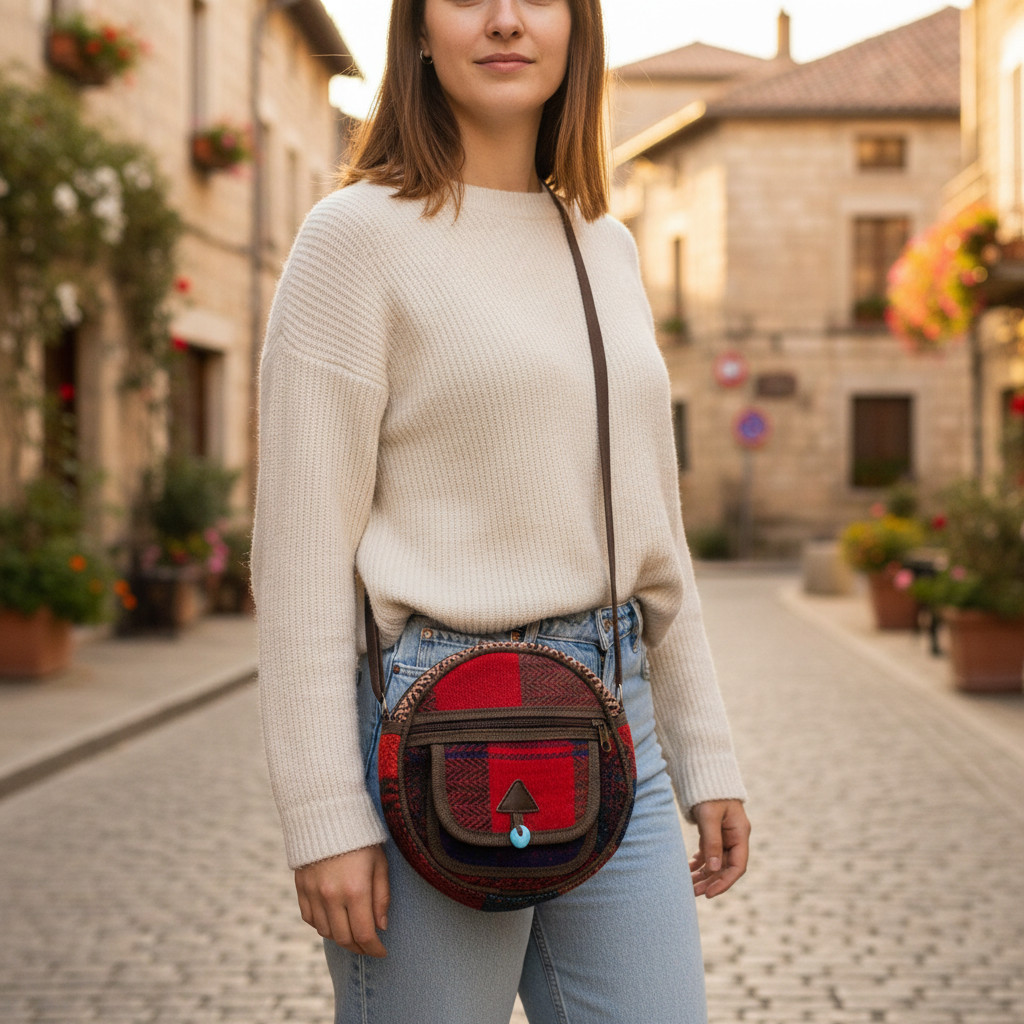 Handmade Turkish Kilim Round Shoulder Bag Vintage Boho Crossbody Purse Women Red