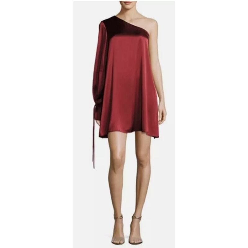 Tanya Taylor One Shoulder Mini Dress Womens 12 Burgundy Good Satin Asymmetrical