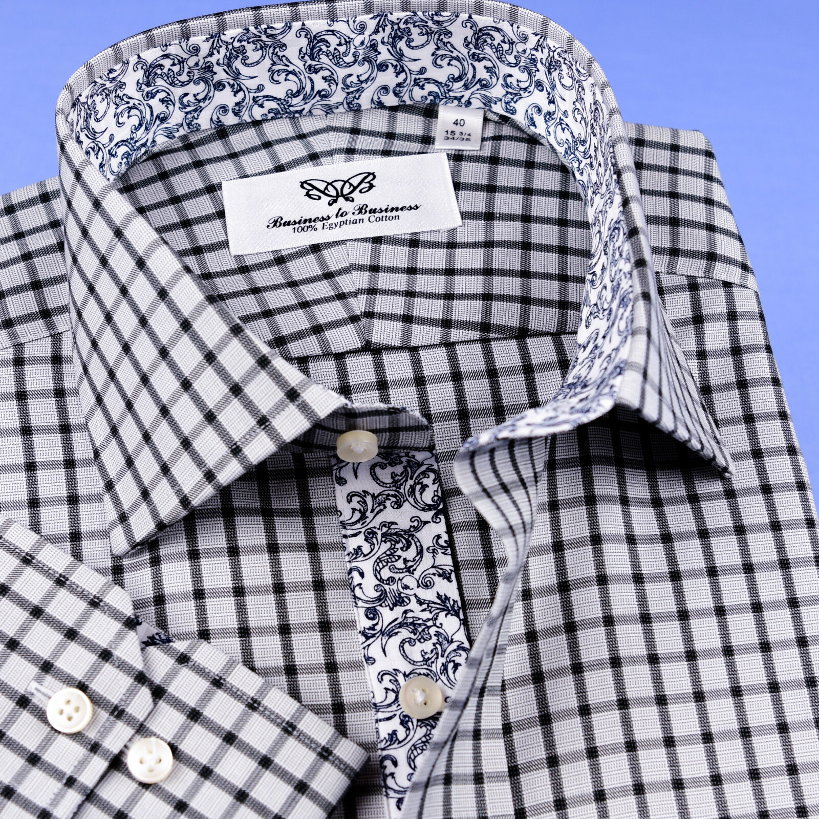 Grey Black Check Dress Shirt Formal Business Floral Paisley Barrel Button Cuff
