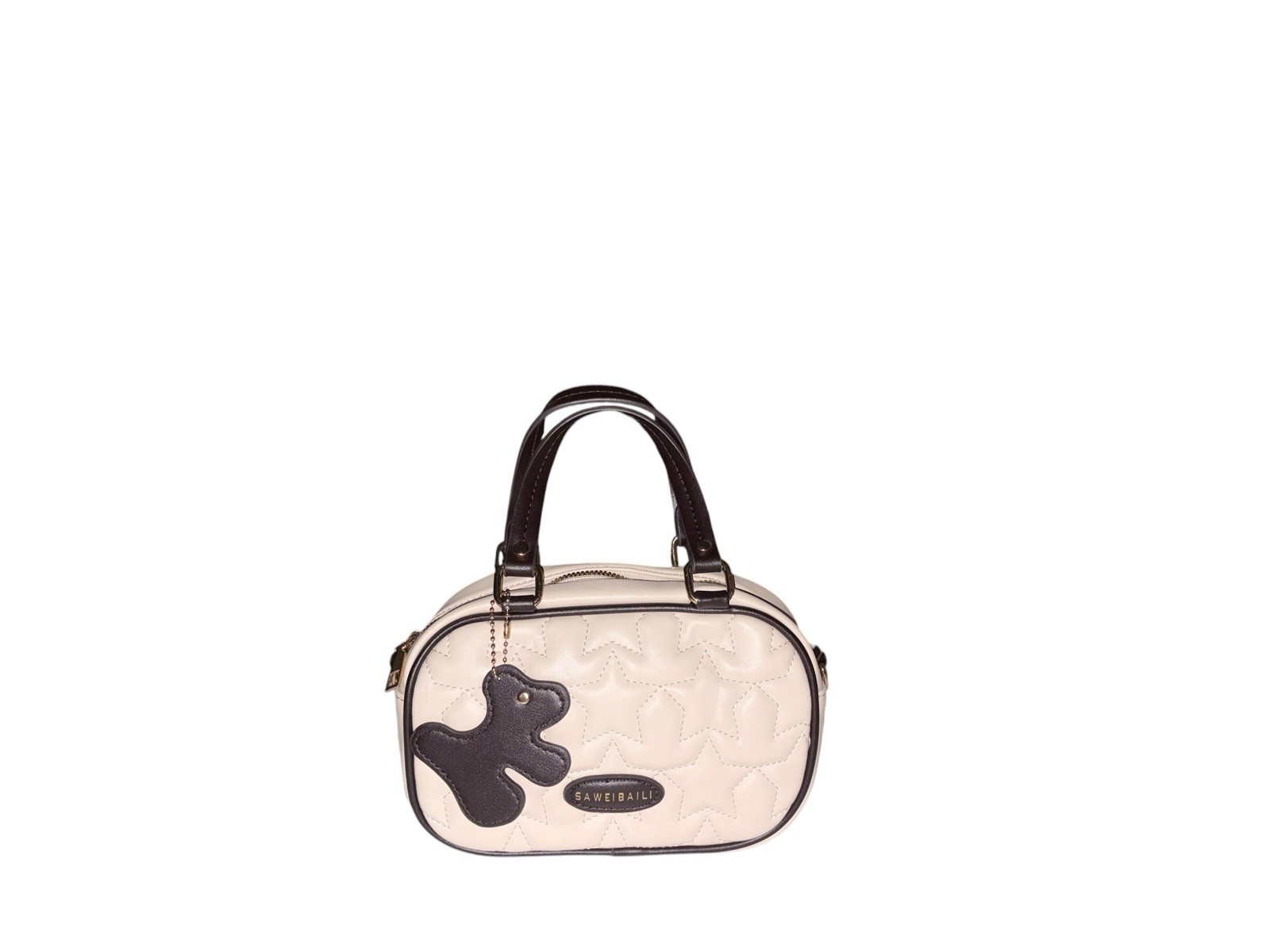 SAWEIBAILI White Quilted Satchel Top Handle Zip Bag Detachable Bear Charm