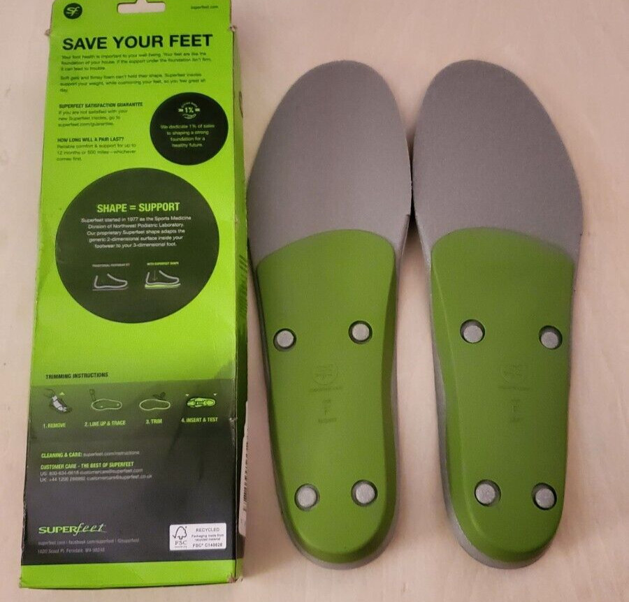 Superfeet Green Insoles Orthotic Arch Support Size F Men’s 11-13 Womens 12.5+ US