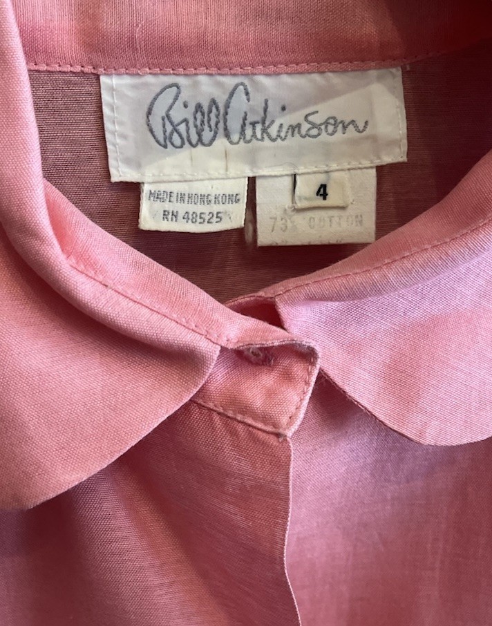 VTG Bill Atkinson Silk Blouse Pink Tuxedo Bib Peter Pan Collar Size 4