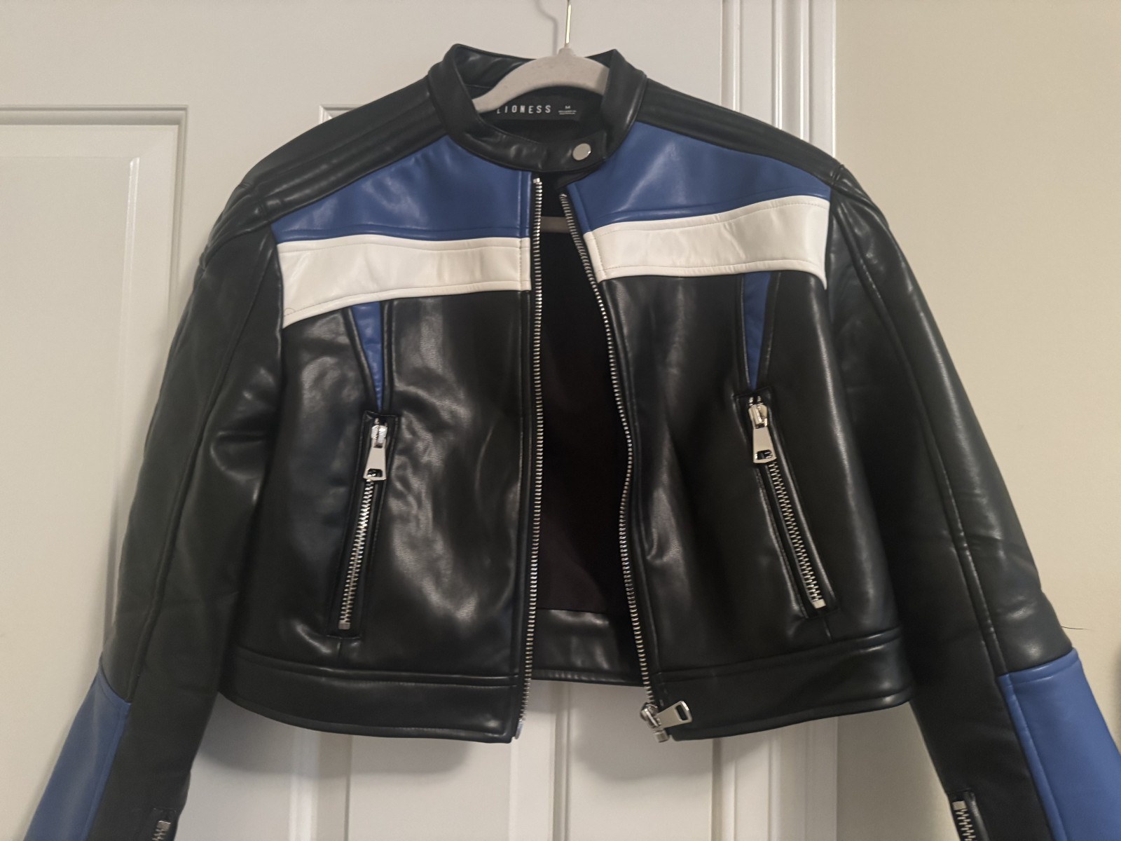 Lioness Moto Biker Cropped Jacket, Size M, Black Blue Faux Leather – $129