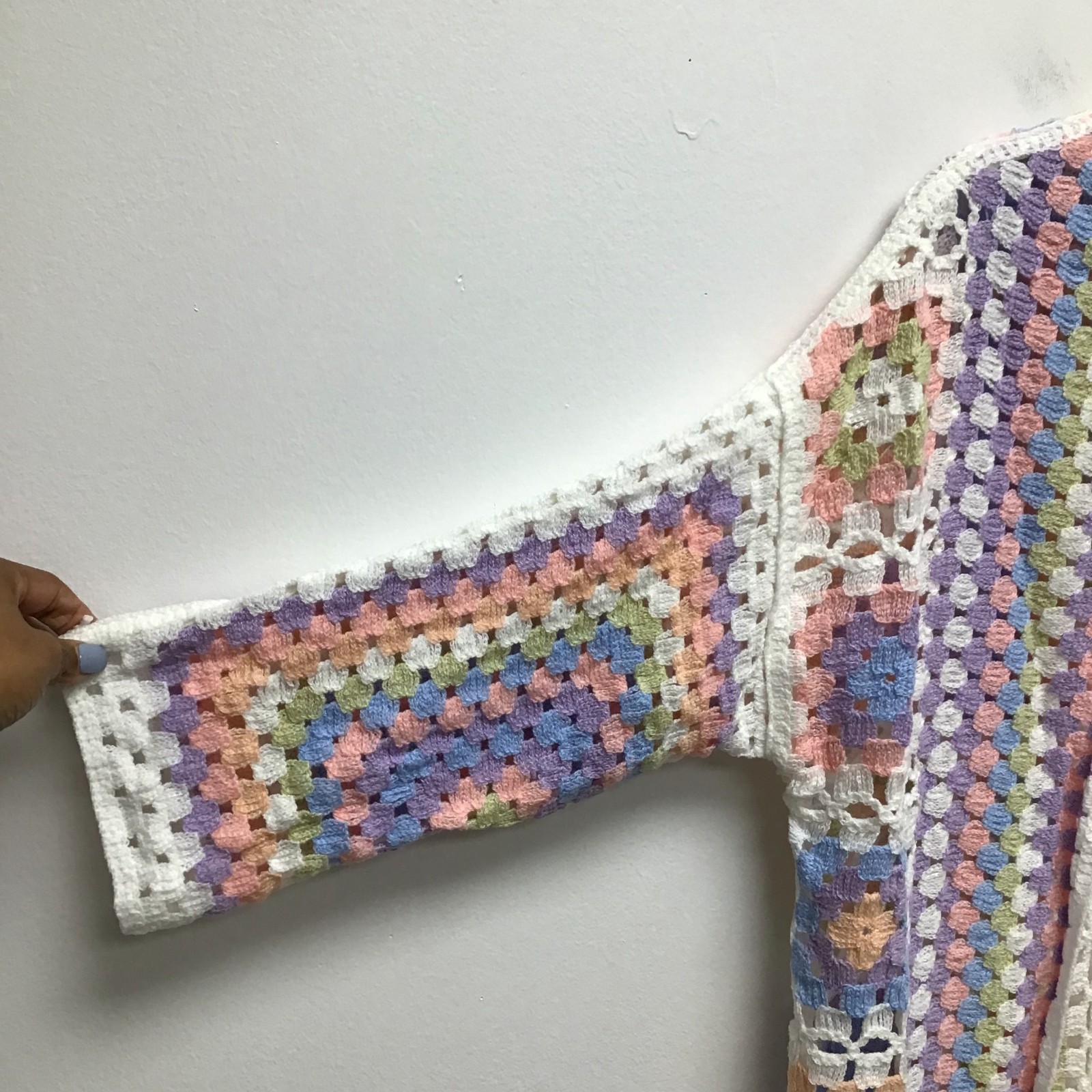 POL Pastel Crochet Cardigan Womens Granny Square Open Front Boho One Size NWOT