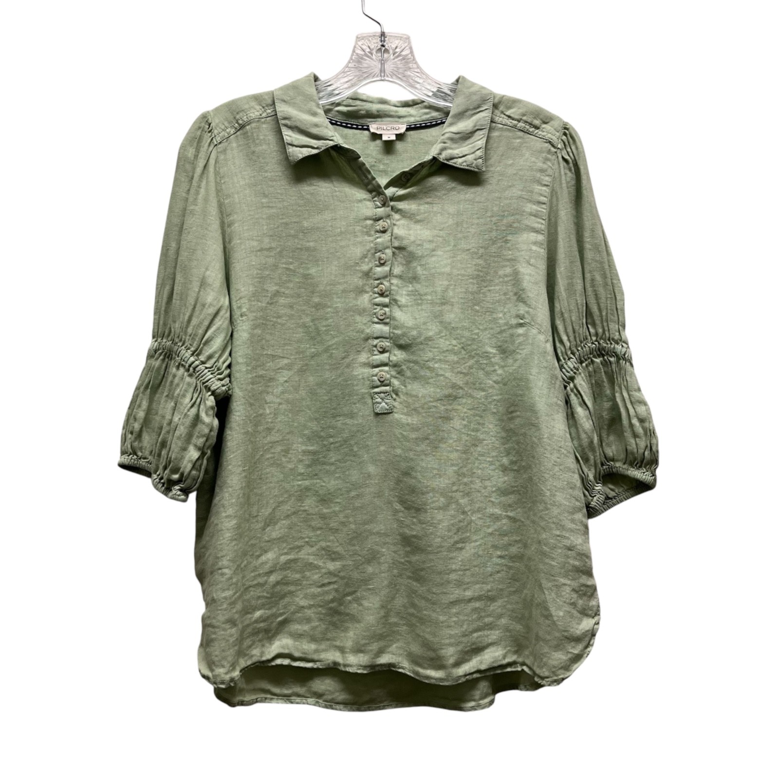 Pilcro Tallulah Double Puff Sleeve Linen Blouse 1/2 Button Mint Womens M