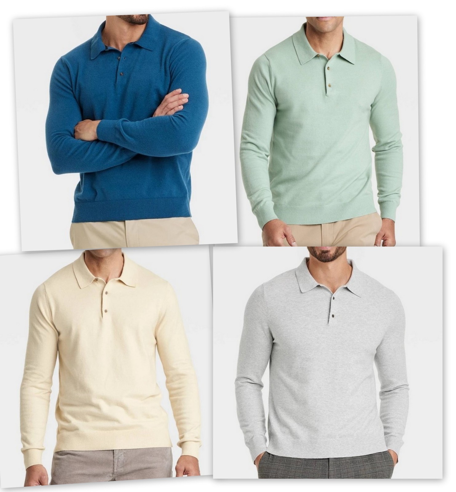 Polo Sweater Soft Light Cotton blend Sage/Cream/Heather gray/Blue Goodfellow