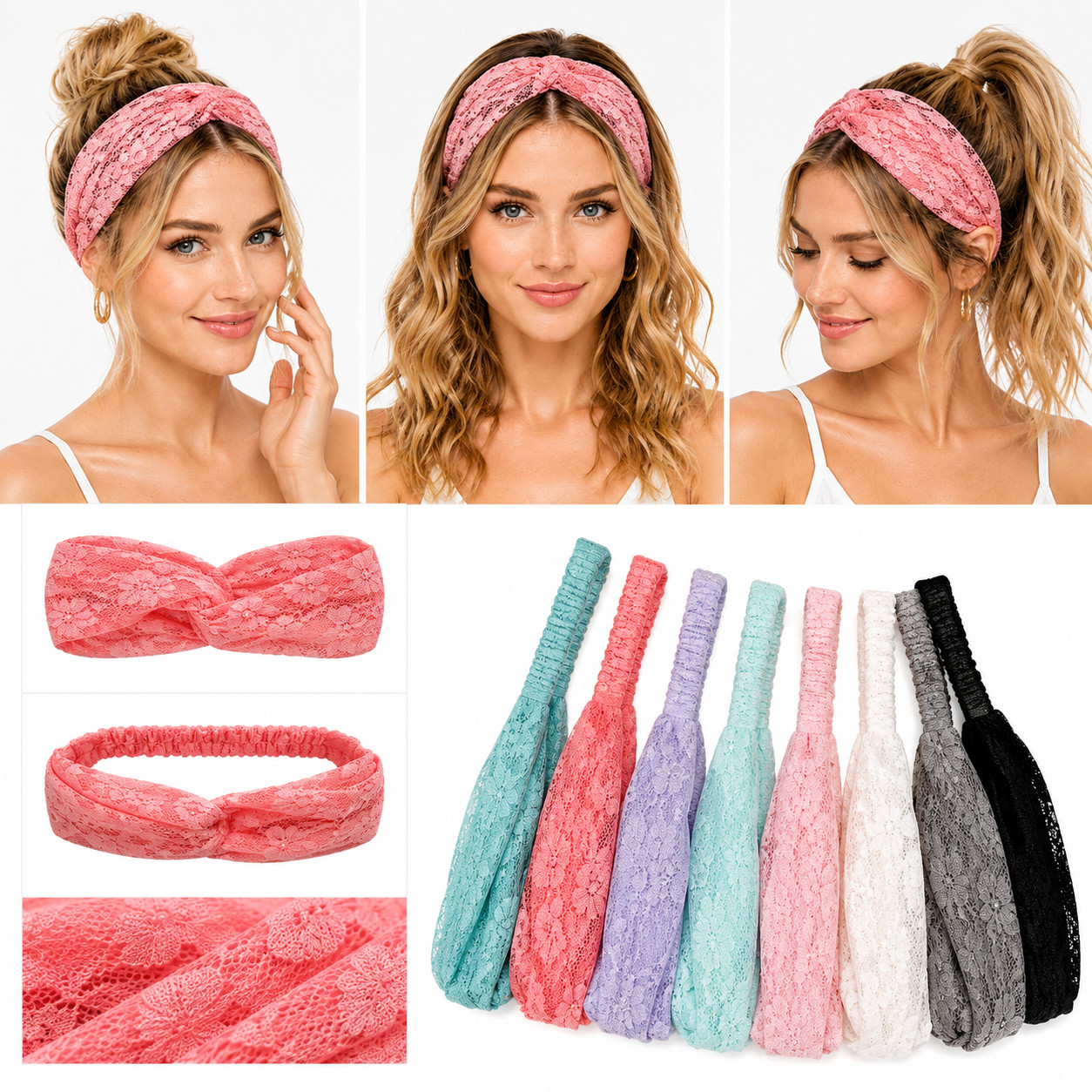 6pc Lace Twist Knot Wide Headband Headwrap Bandana Turban Hairband Boho Yoga Lot