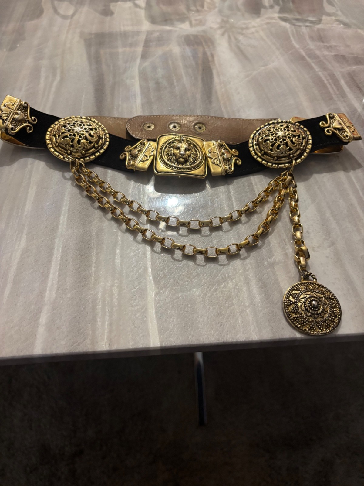 medallion chain belt black suede 3 lion heads and other decorative medallions.!