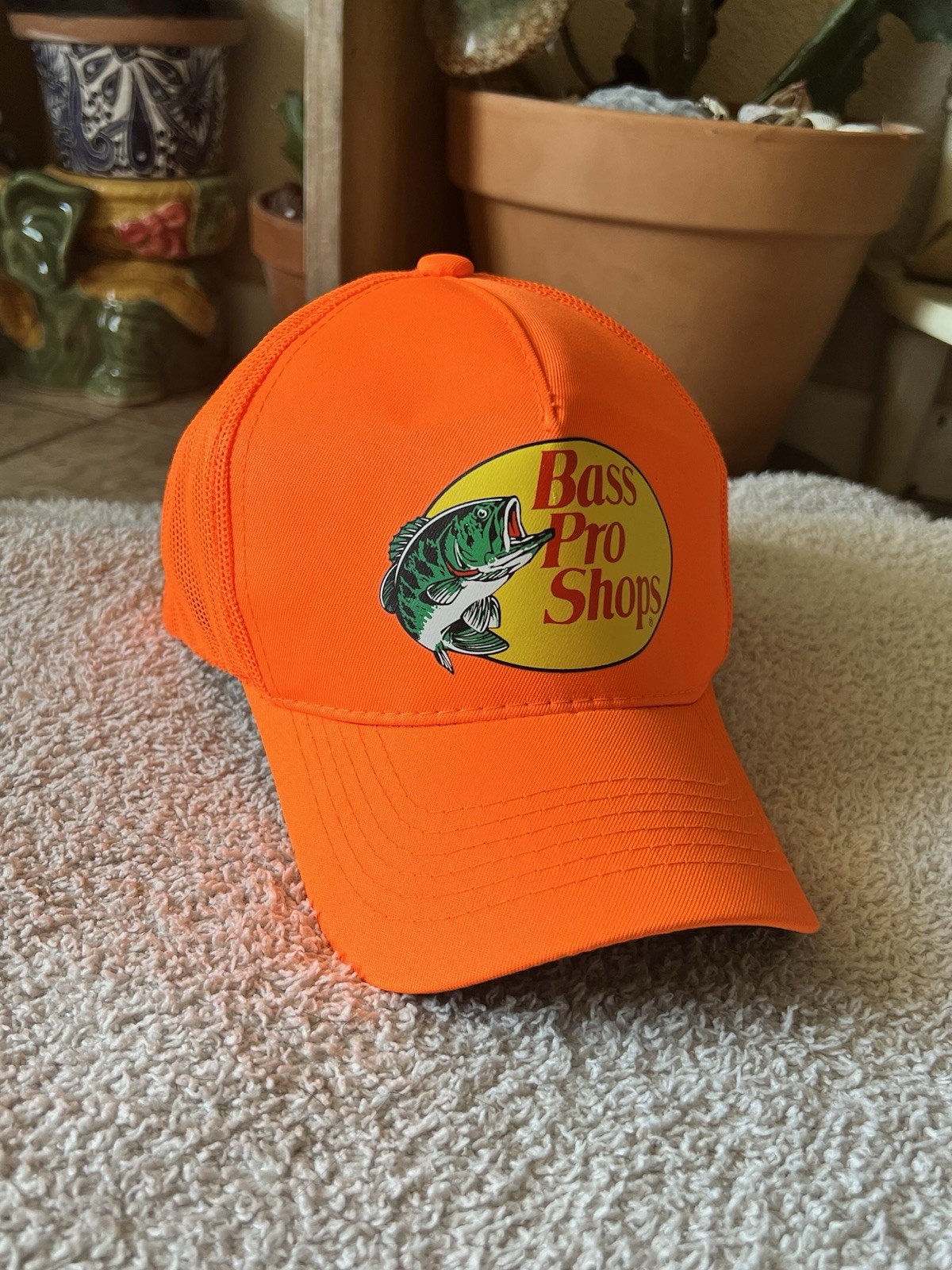 bass pro shops hat Neon Orange Adjustable Trucker Cap Mesh Snap Classic Lo
