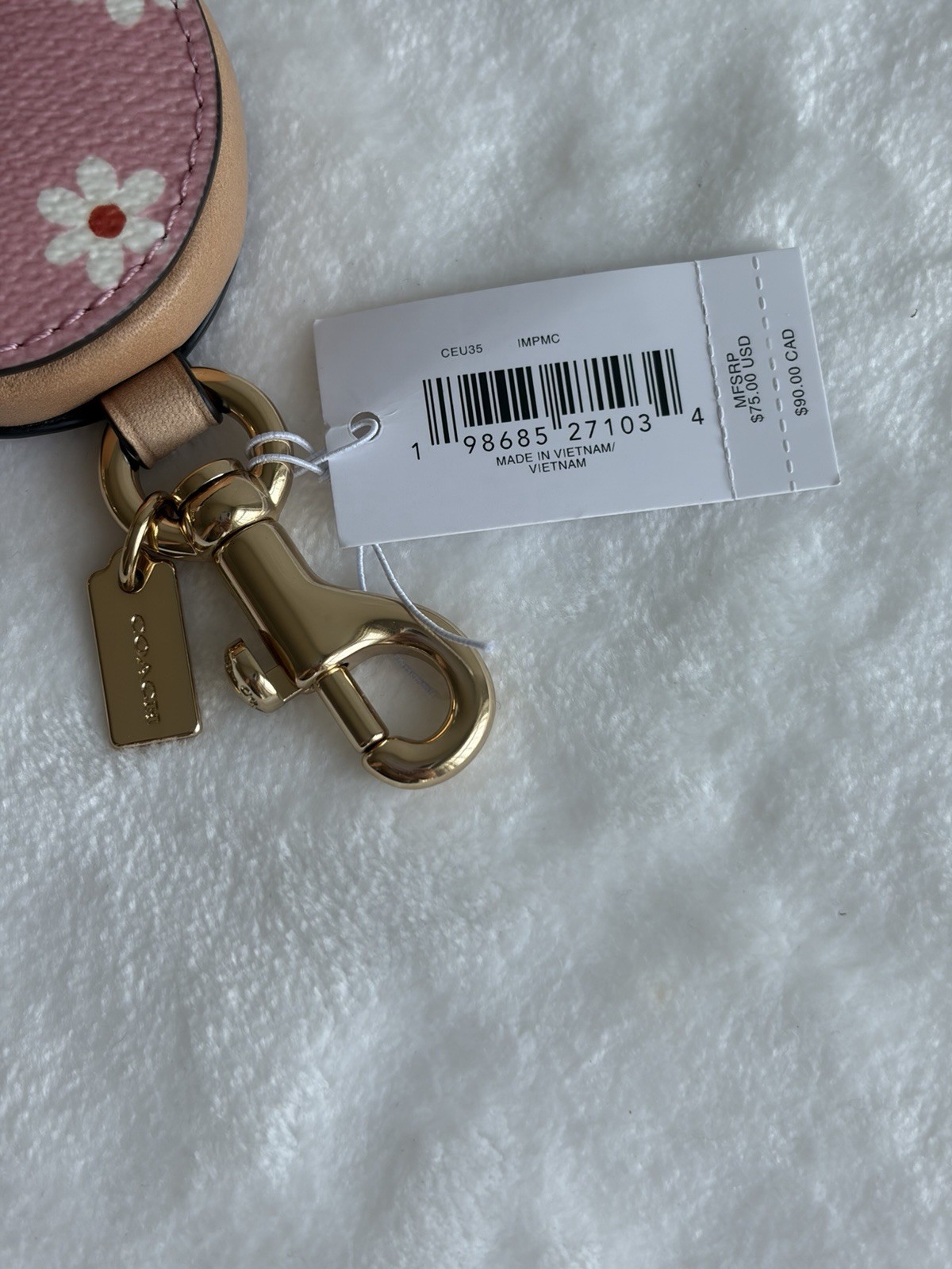 Coach Floral Heart Zip Coin Purse Keychain Charm Pink/White/Gold Leather CEU35