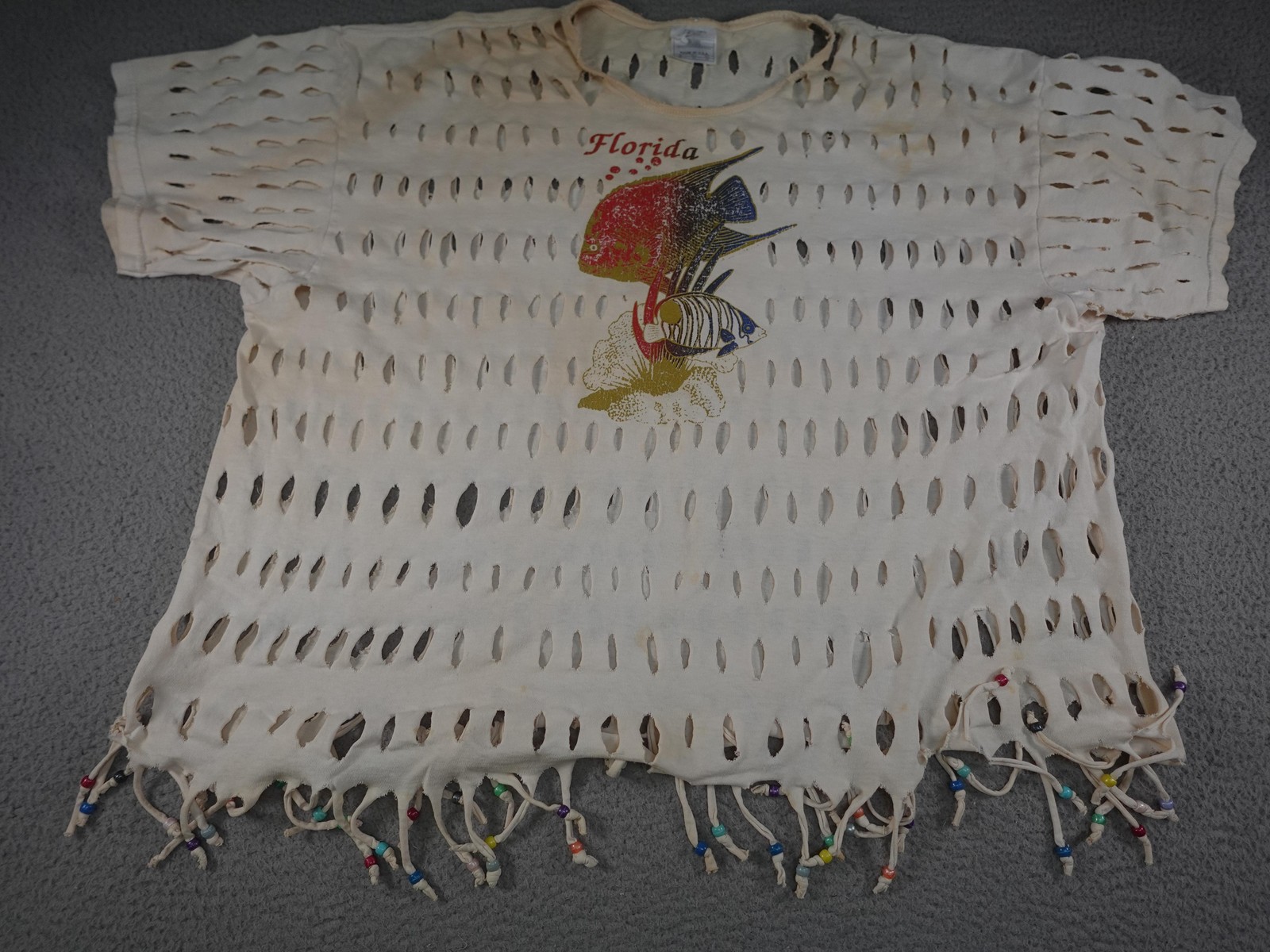 Vintage Florida Shirt Womens 2XL White Fish Cutout Beaded Fringe Beach Summer