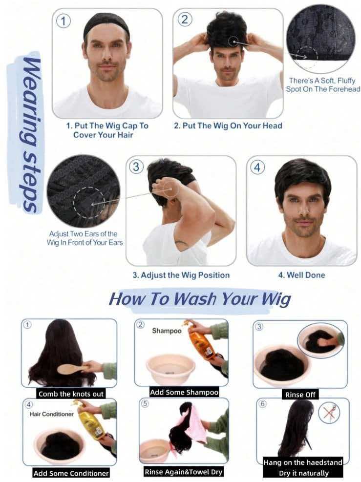 Men’s 12in Short Curly Wig Black Heat Resistant Synthetic Full Cosplay Party Wig