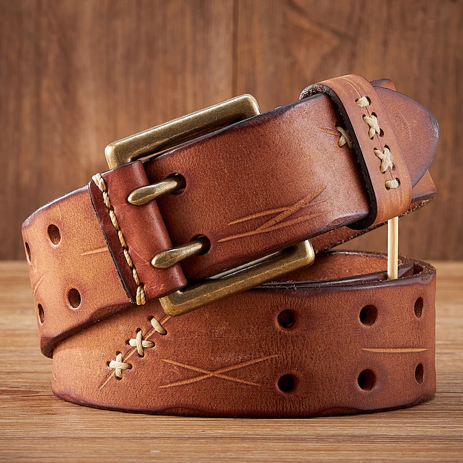 3.8CM Original Genuine Leather Army Tactical Belt Double-needle Buckle Men’s