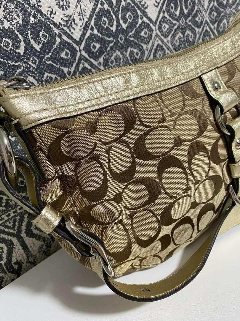 COACH Signature Monogram Canvas Leather Crossbody Shoulder Bag Brown 31cm W Auth