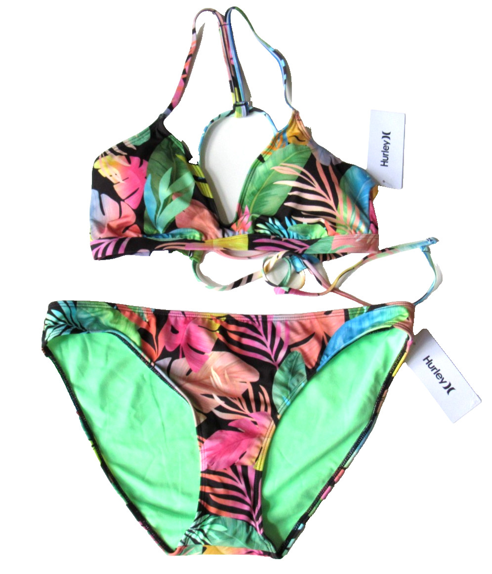 Hurley Swimwear Bikini Paradise Palm Adjustable Top Moderate Bottom Size XL NWT