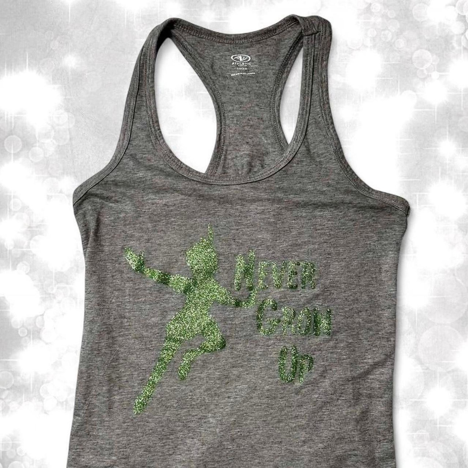 Disney glitter green Peter Pan graphic tank top. Fairycore, whimsical