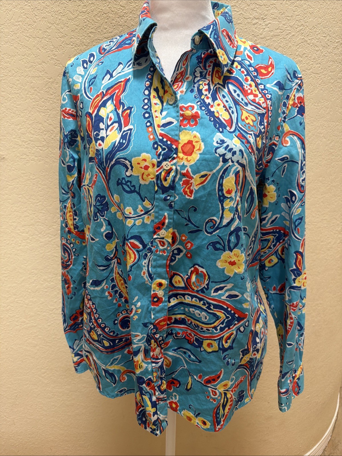 Lauren Ralph Lauren Petite Blue Paisley 100% Cotton Button Down Shirt PL Womens