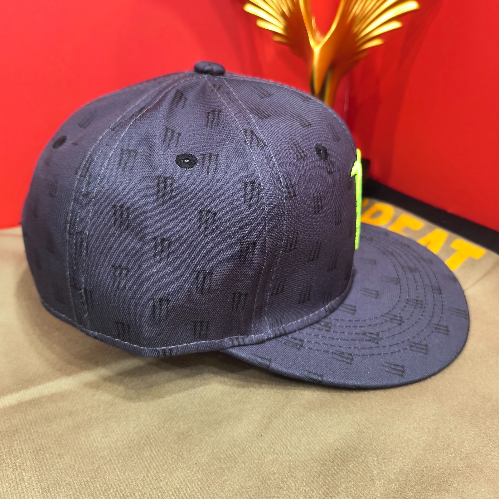 Monster Energy Black All-Over Logo Print Flat-Brim Cap Adjustable