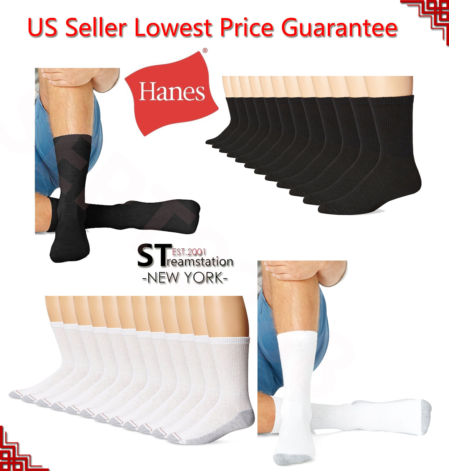Hanes Premium Men’s Crew Socks White Black Gray Socks Size:10-13/Shoe Size:6-12