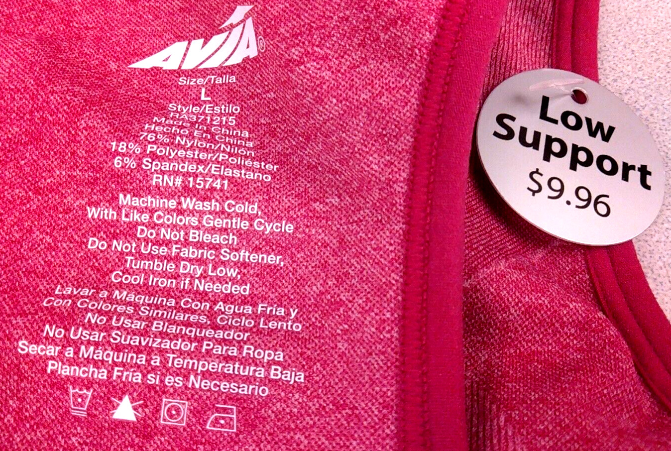 Avia RN 15741 Pink Nylon Low Support Pullover Sports Bra Size L – New (50)