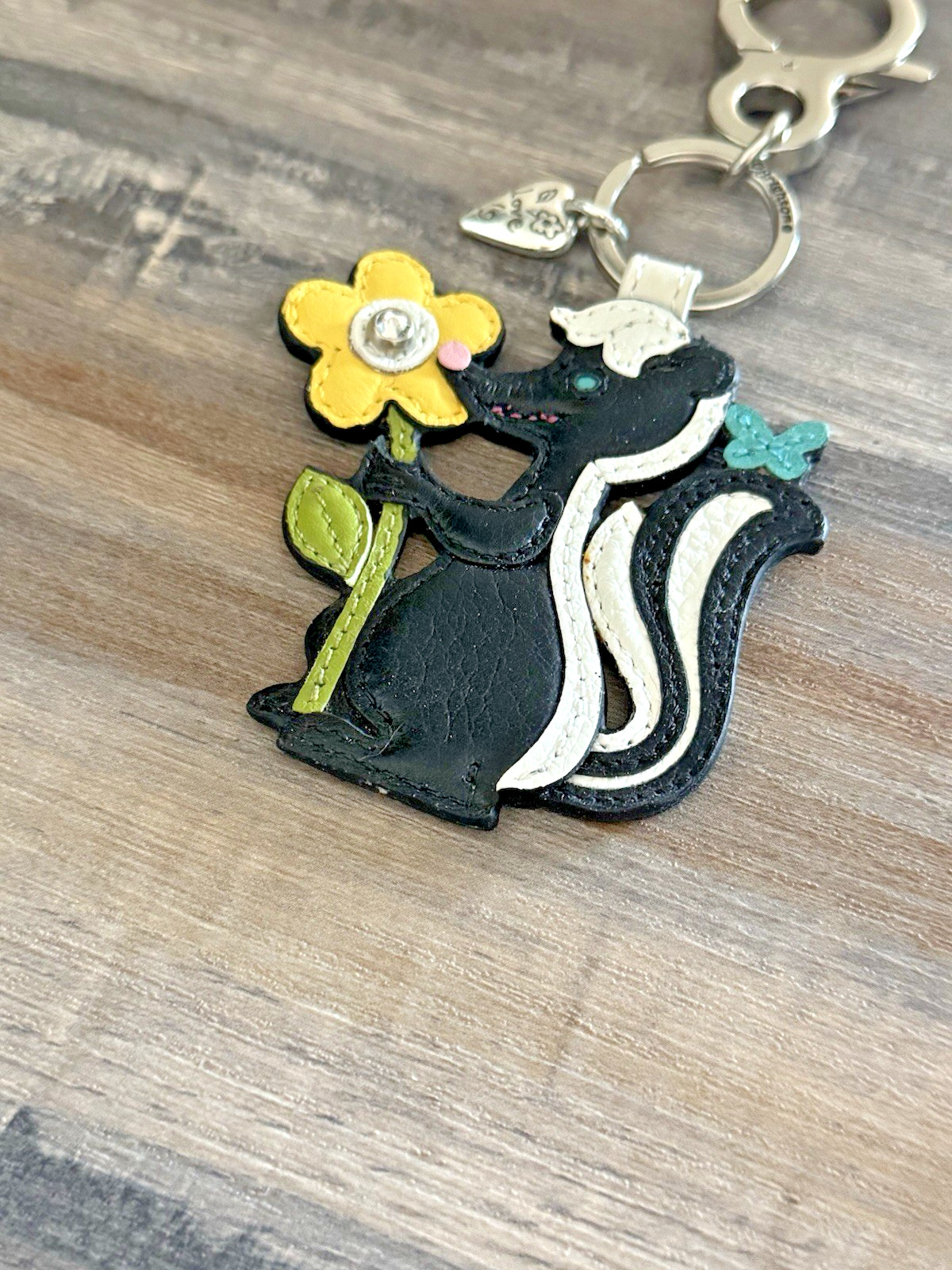 Brighton Posy Skunk Black White Yellow Flower Leather Purse Charm, Handbag