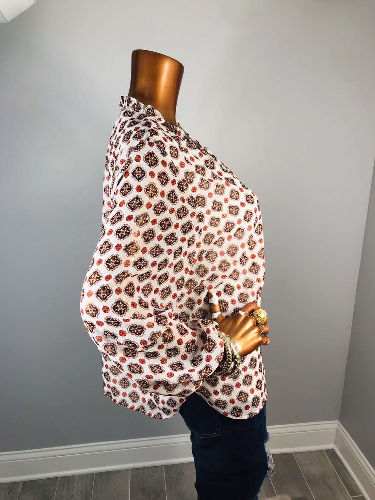 Talbots XL P Damask Print Shiny Low Cut Blouse 1/2 Button Up Lite Soft Easy Wear