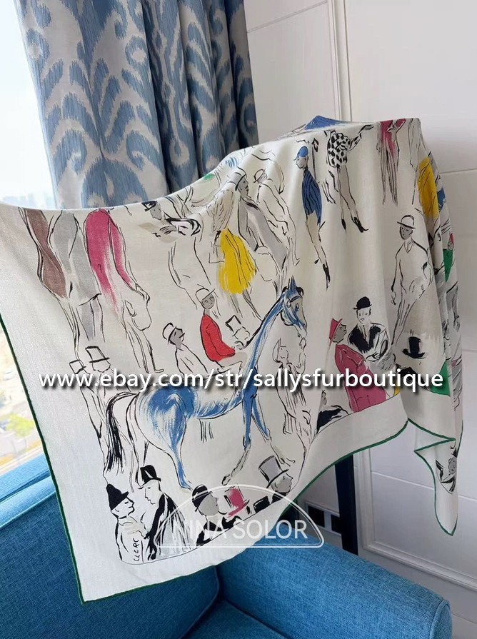 Sallys 70% Cashmere & 30% Silk Wrap Scarf Horses Print Double Face Shawl 53″