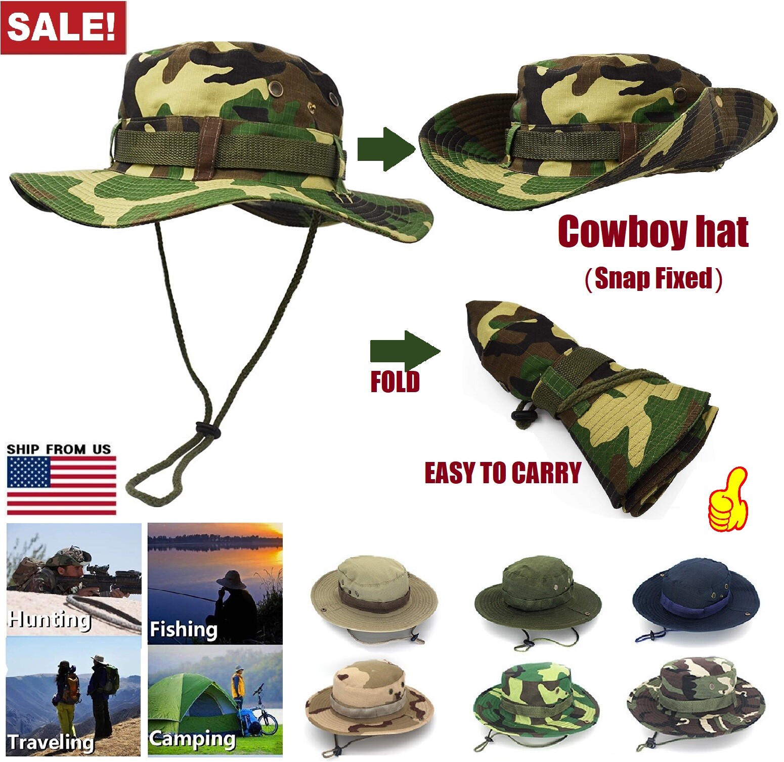 Unisex 100% Cotton Bucket Hat Fishing Camping Safari Boonie Sun Brim Summer Cap