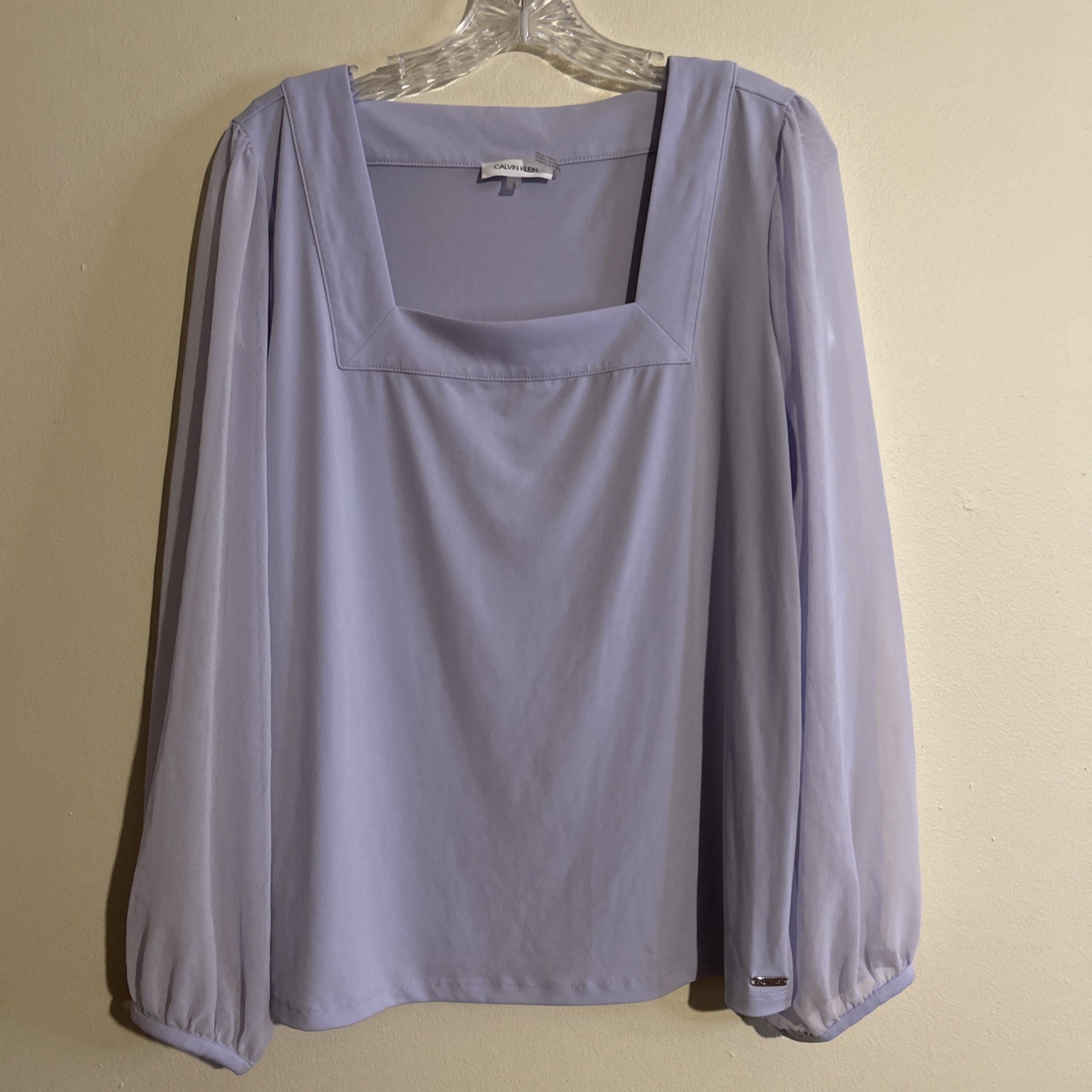 Calvin Klein Size Large Top lavender purple blouse square neck sheer sleeve
