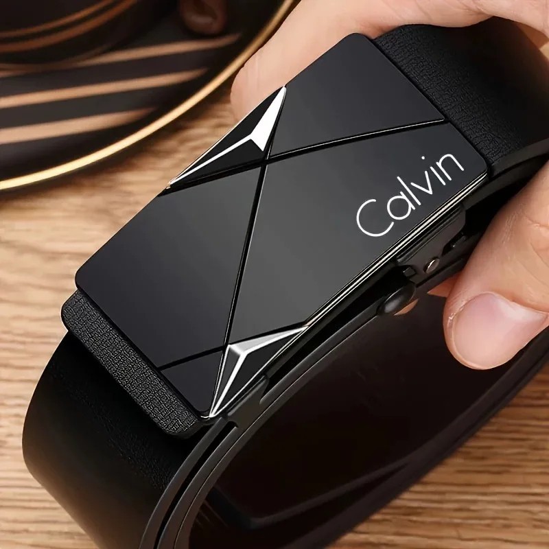 Men’s Automatic Buckle Belt Luxury Black Leather Ratchet Waist Belt Gift