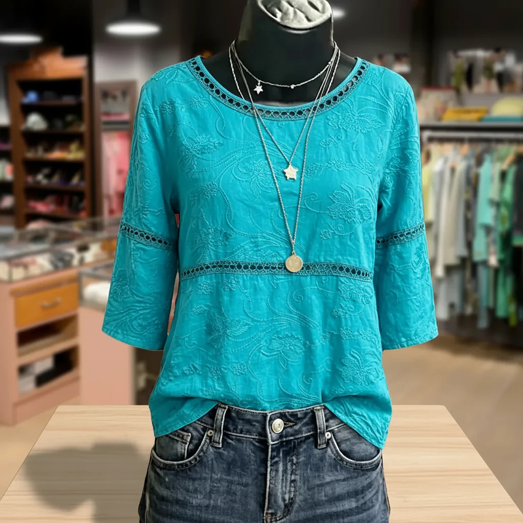 Cherrybetty 100%Cotton Flower Embroidered Hollow Out Cotton Top