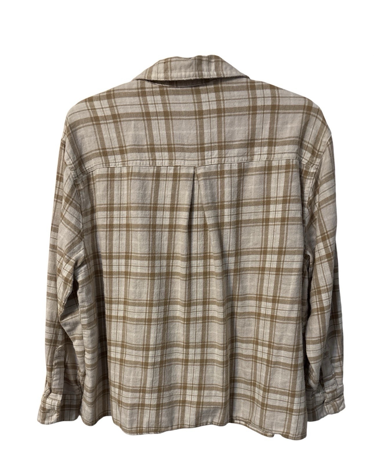 Old Navy Boyfriend Shirt Womens L Relaxed Plaid Flannel Button-Up Beige/White
