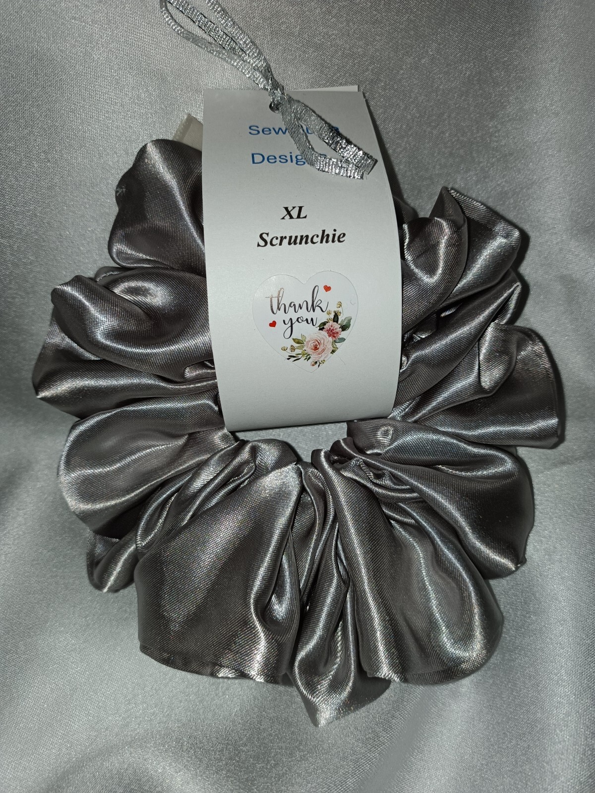 Handmade Women’s Scrunchies size XL Silver Satin Fabric New