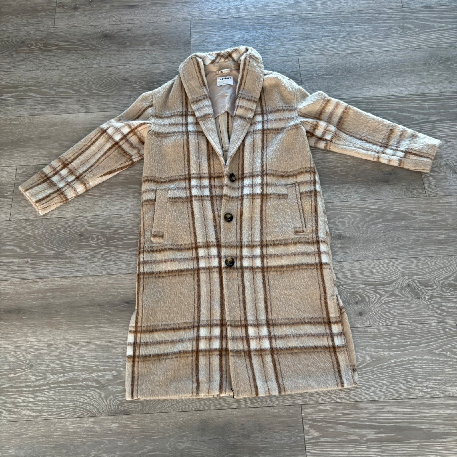 Old Navy Womens Beige White Plaid Button-Front Classic Winter Overcoat Size M