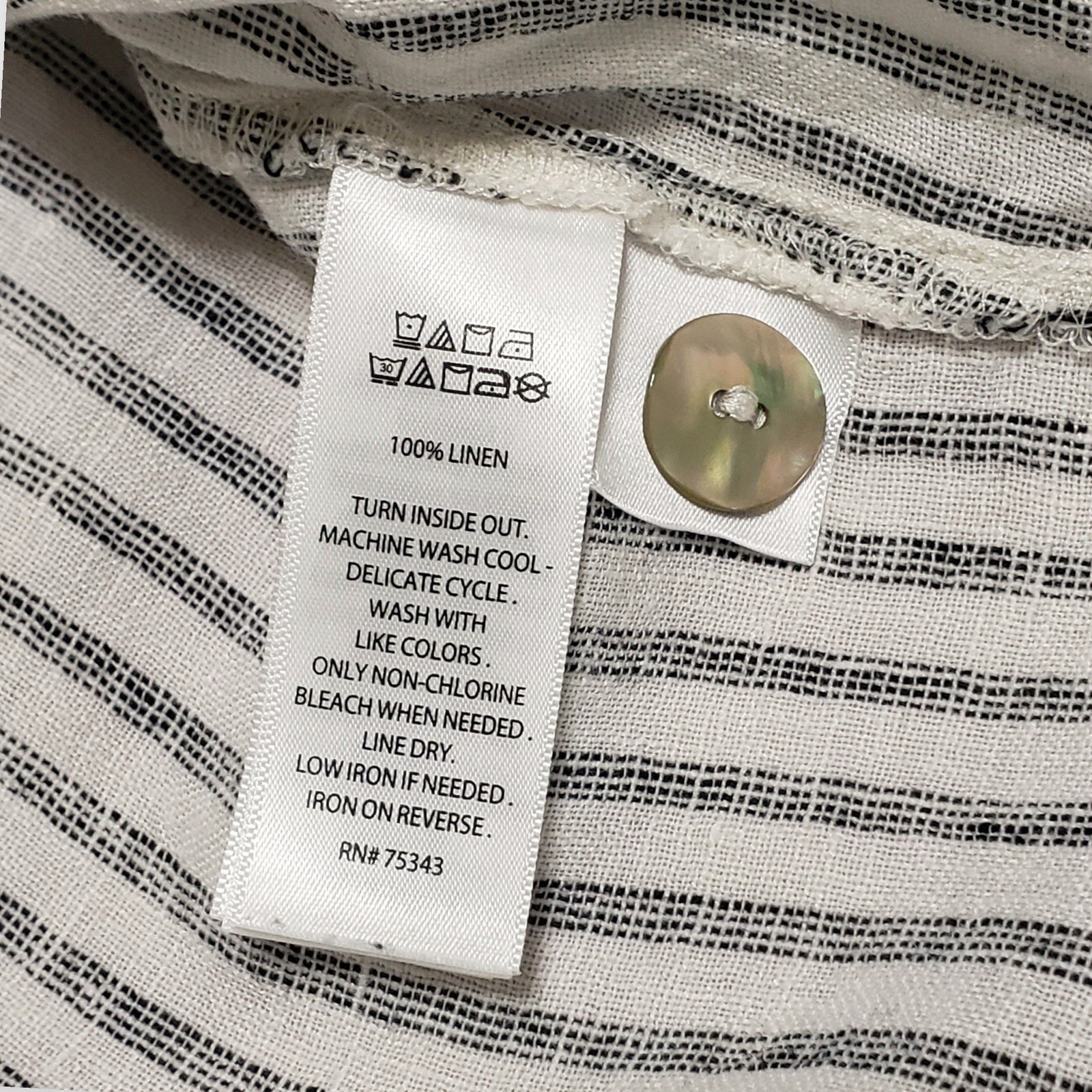Tahari Linen Boxy Crop Top Cap Sleeve Button Decor White Black Stripe Large