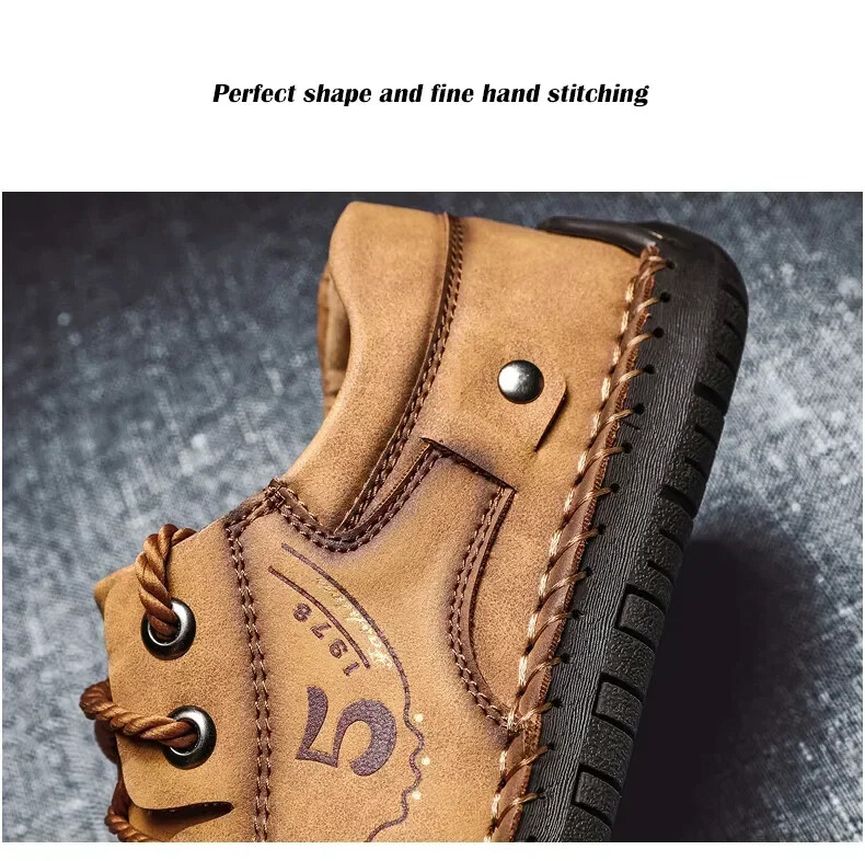 Men Hand Stitched Leather Walking Shoes Lace Up Non Slip Casual Outdoor Sneakers