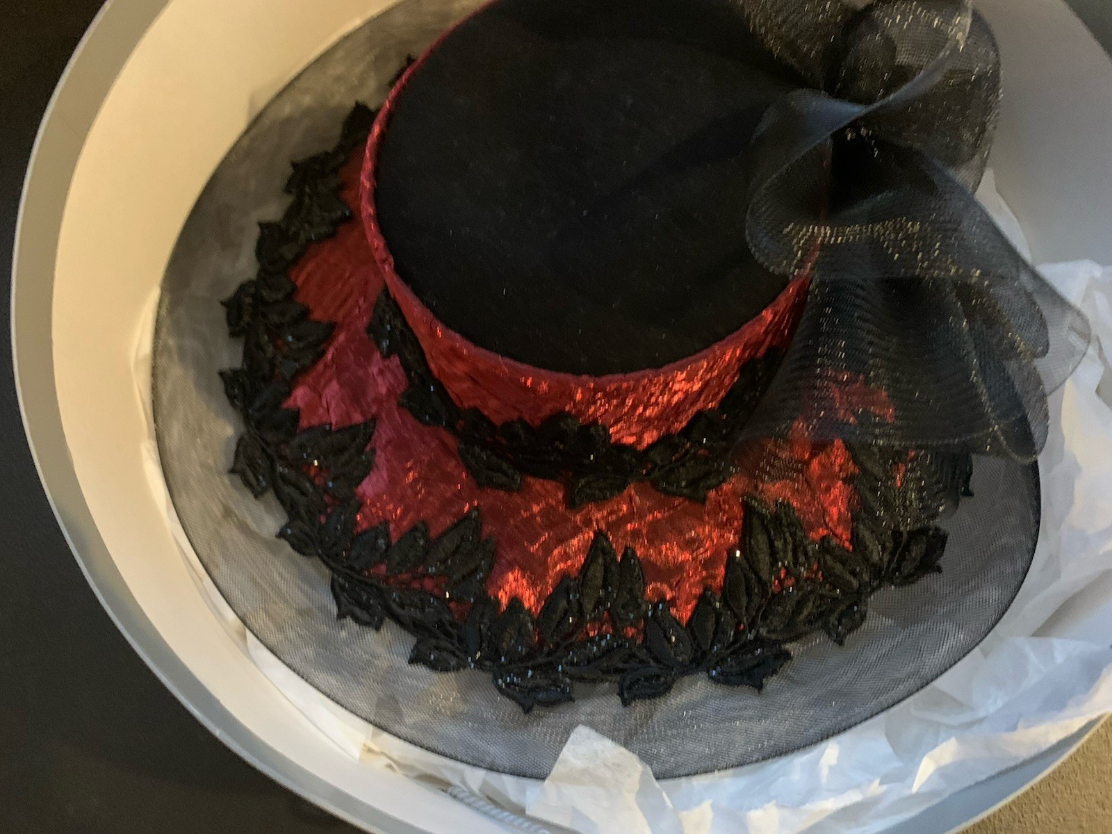 Mr. Song Millinery Hat Victorian Style Striking Red Texture Black Lace With Bow