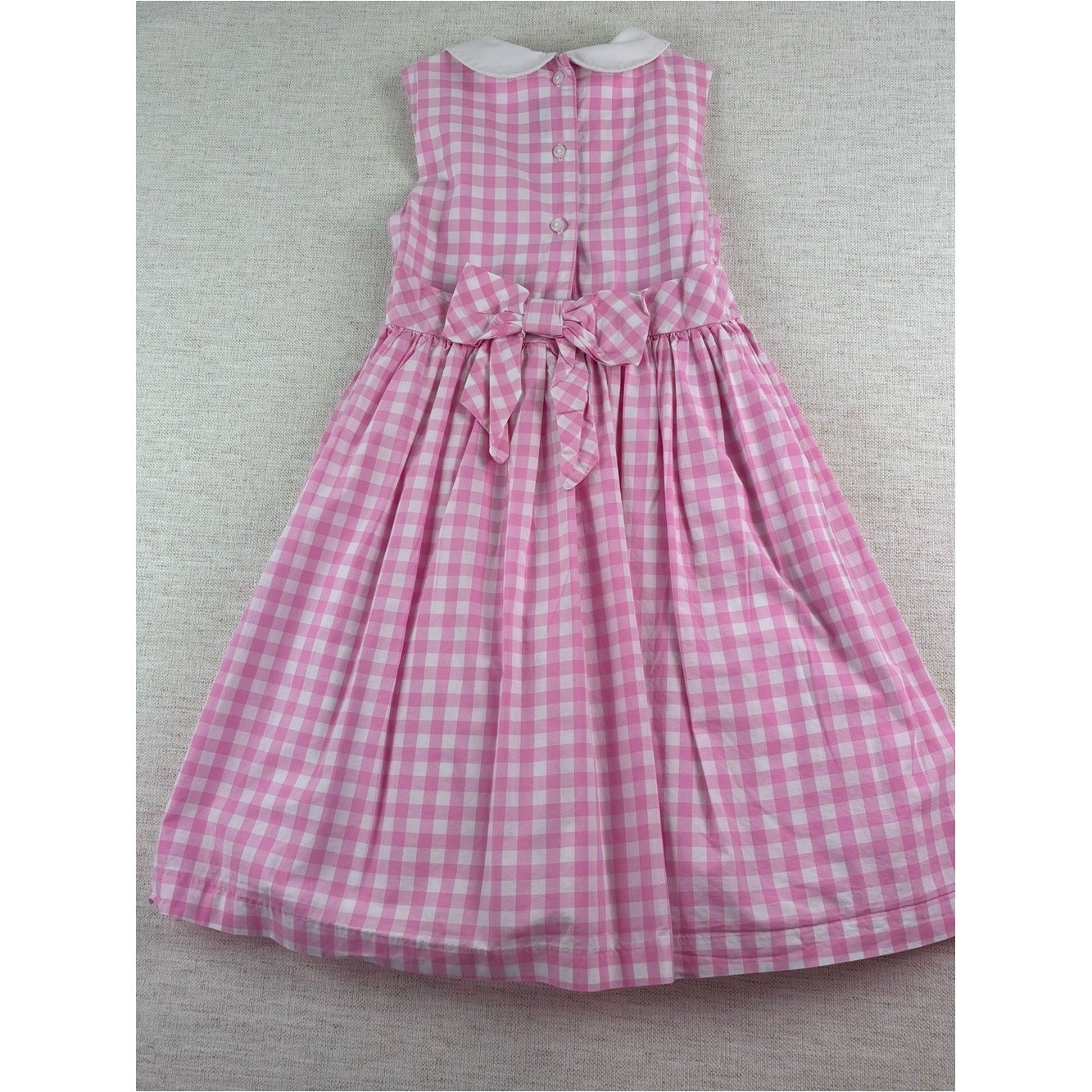 Janie and Jack girls 7 Pink Gingham Sleeveless Smocked Dress Peter Pan Collar